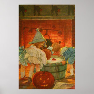 Jack O Lantern Pumpkin Bobbing Apple Black Cat Poster