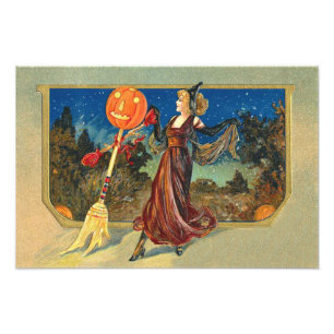 Jack O Lantern Pumpkin Broom Dance Woman Photo Print