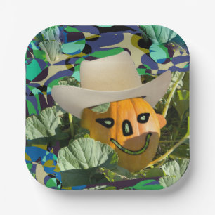 Jack-o-lantern pumpkin cowboy hat Halloween face Paper Plate
