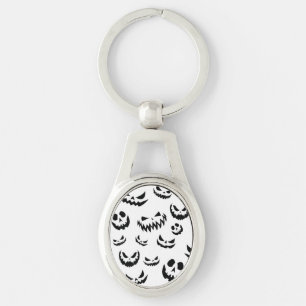 Jack O Lantern Pumpkin Face Black and White Key Ring