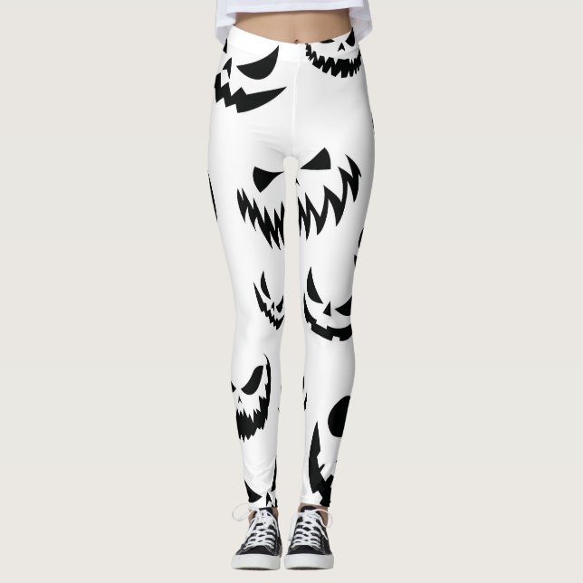 Jack O Lantern Pumpkin Face Black and White Leggings (Front)