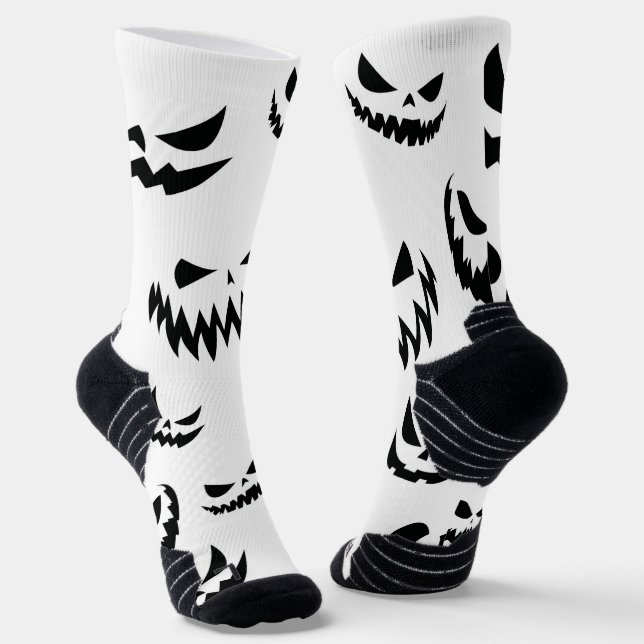 Jack O Lantern Pumpkin Face Black and White Socks (Angled)