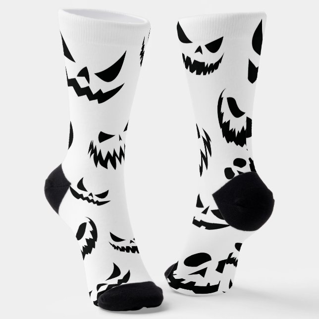Jack O Lantern Pumpkin Face Black and White Socks (Angled)