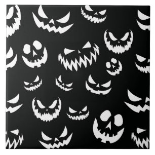 Jack O Lantern Pumpkin Face Black and White Tile