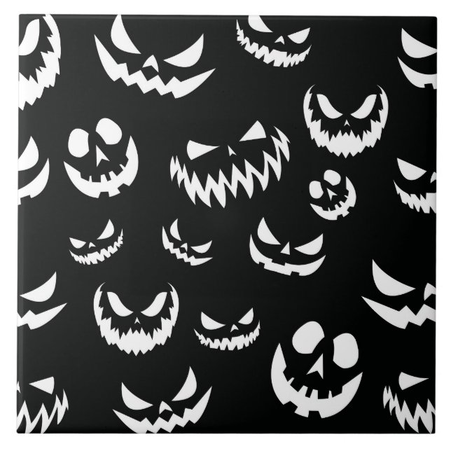 Jack O Lantern Pumpkin Face Black and White Tile (Front)