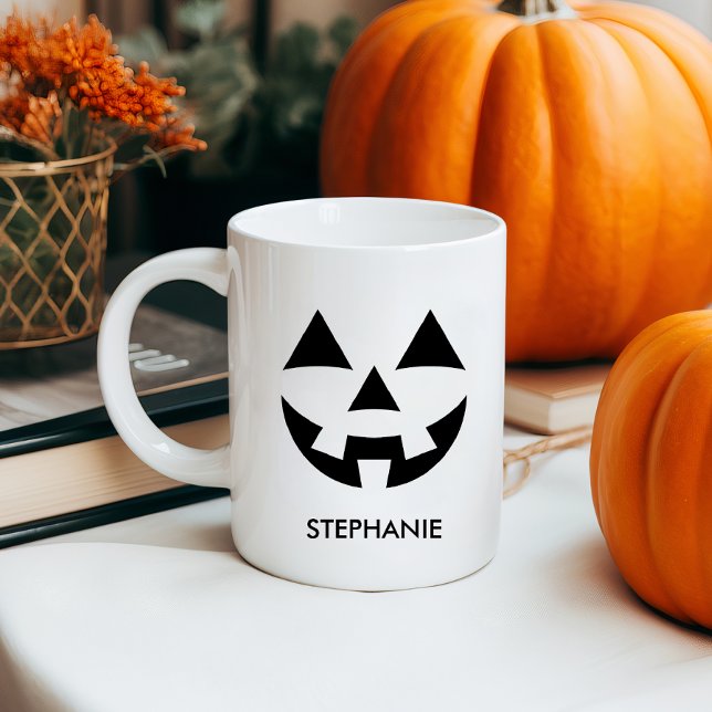 JACK O LANTERN PUMPKIN FACE CUSTOM NAME MUG (HALLOWEEN COFFEINE MUG WITH JACK O LANTERN PUMPKIN FACE AND CUSTOM NAME. EDITABLE COLORS)