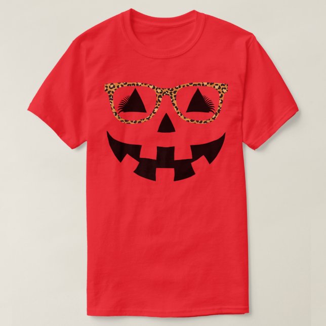 Jack O Lantern Pumpkin Face Leopard Glasses Lashes T-Shirt (Design Front)