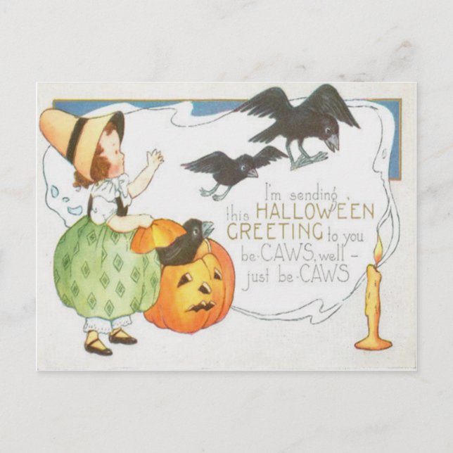 Jack O Lantern Pumpkin Ghost Crow Candle Girl Postcard (Front)