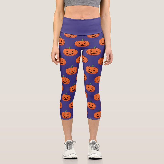 Jack-O'-Lantern Pumpkin Halloween Pattern Capri Leggings (Front)