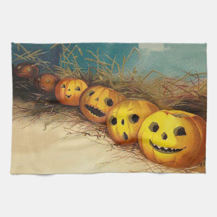 Jack O' Lantern Pumpkin Hay Field Tea Towel