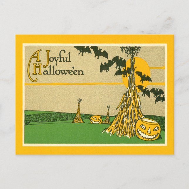 Jack O' Lantern Pumpkin Haystack Bat Postcard (Front)