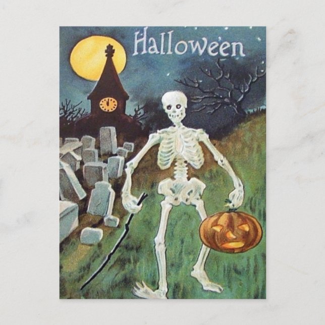 Jack O' Lantern Pumpkin Skeleton Cemetery Postcard (Front)