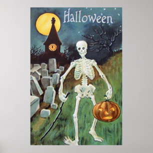 Jack O' Lantern Pumpkin Skeleton Cemetery Poster