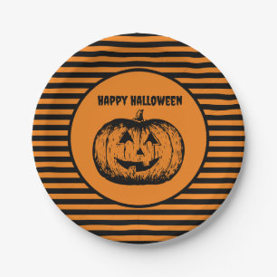 Jack-o'-lantern Pumpkin Striped Paper Plate