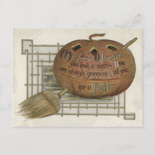 Jack O' Lantern Pumpkin Witch's Broom Postcard