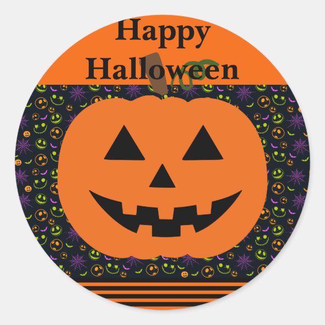 Jack-o-Lantern Smiling Face Orange Black Classic R Round Sticker (Front)