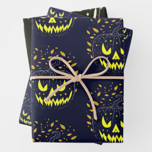 Jack O Lantern Spooky Pumpkin Halloween Black  Wrapping Paper Sheet