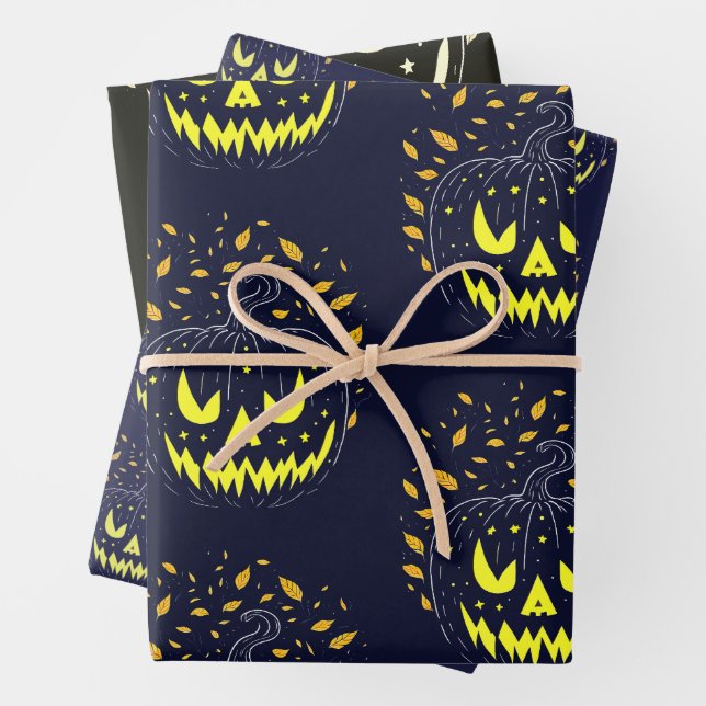 Jack O Lantern Spooky Pumpkin Halloween Black  Wrapping Paper Sheet (In situ)