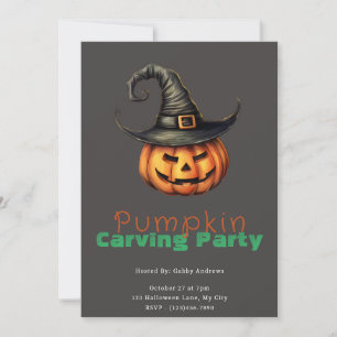 Jack-O' Lantern Witch Grey Pumpkin Carving Party Invitation