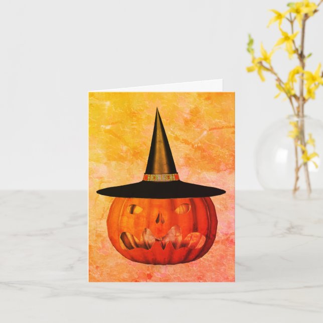 Jack O Lantern Witch Hat Halloween Note Card (Yellow Flower)