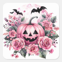 Jack-o-Lantern With Pink Roses and Bats