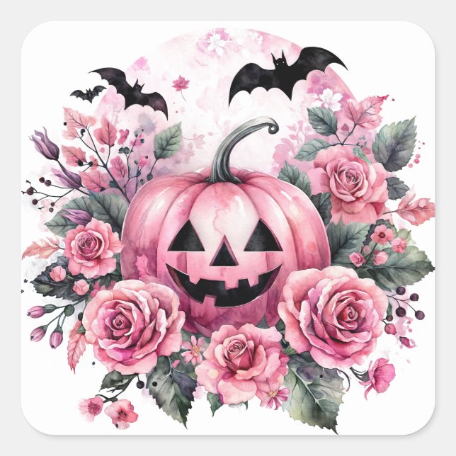 Jack-o-Lantern With Pink Roses and Bats Square Sticker (Front)