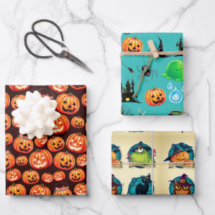 Jack O Lantern Wrapping Paper Flat Sheet Set of 3