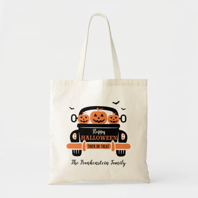 Jack O' Lanterns and Bats Halloween Family Name  Tote Bag (Front)