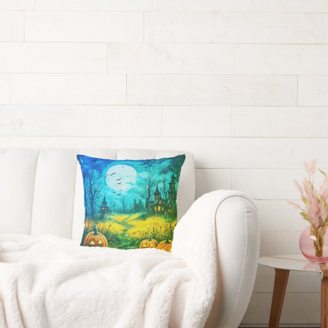 Jack-O' Lanterns and Creepy Houses Moon Halloween Cushion (Couch)