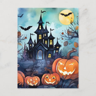 Jack O’Lanterns Bats Haunted Mansion Halloween  Holiday Postcard