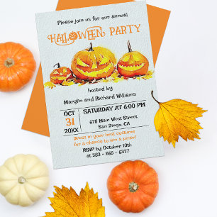 Jack O' Lanterns on Autumn Leaves Halloween Party Invitation