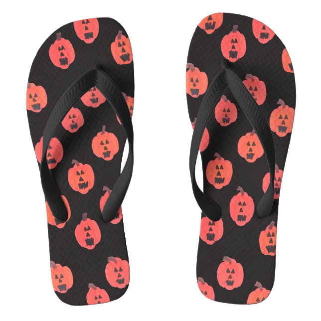 Jack-o-Lanterns on Black  Flip Flops (Footbed)