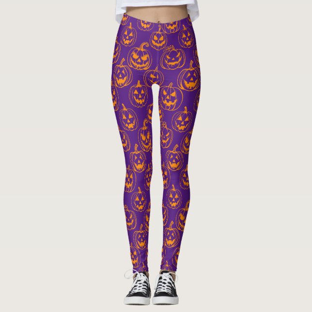 Jack-o-lanterns Pattern.Orange D Purple BG Leggings (Front)