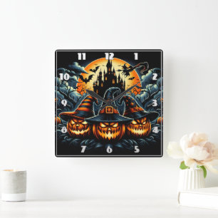 Jack-o'-lanterns shine under moonlight square wall clock