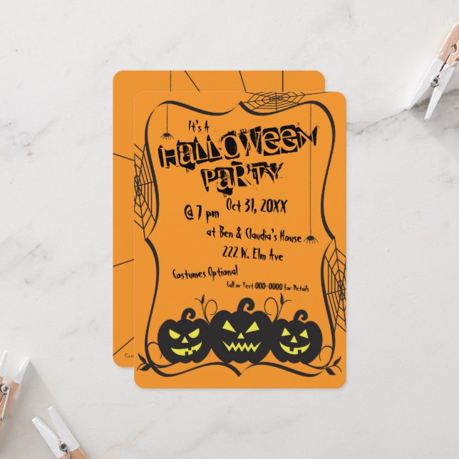 Jack O' Lanterns & Spiders Halloween Party Invitation (Front/Back In Situ)