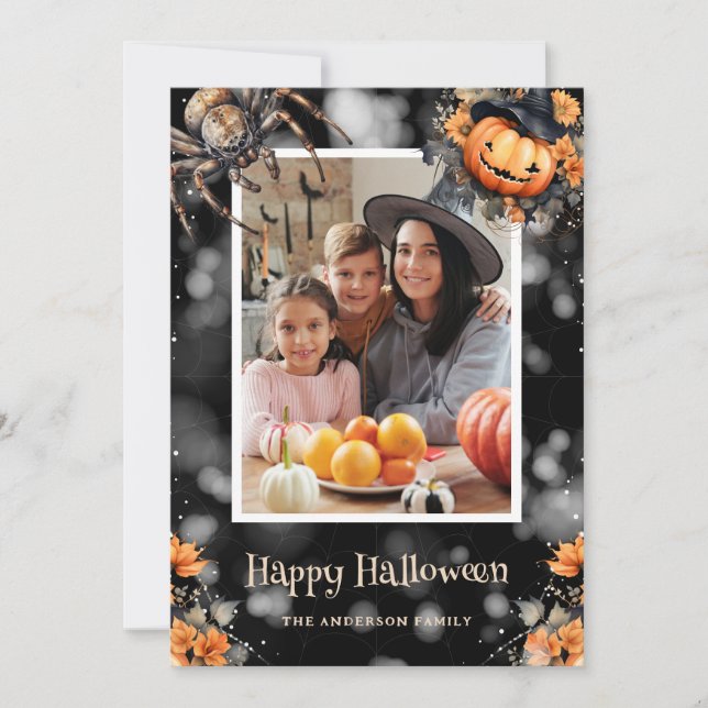 Jack-O'-Lanterns Spiders Webs Photo Halloween Card (Front)