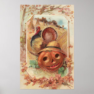 Jack O'Lantern and Turkey Vintage Thanksgiving Poster