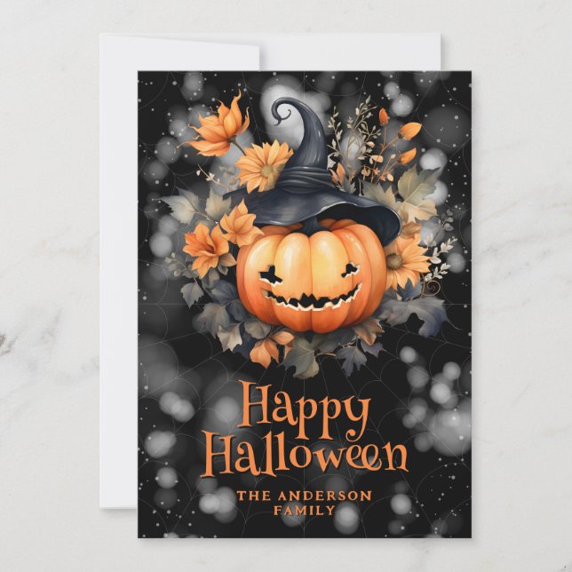 Jack O'Lantern Floral Happy Halloween Card (Front)