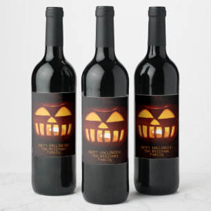 Jack O'Lantern Funny Lit Carved Pumpkin Halloween Wine Label