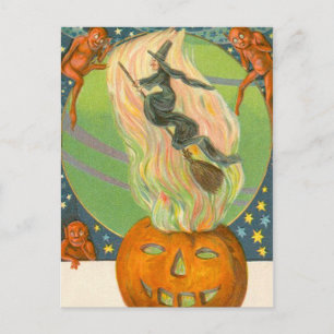 Jack O'Lantern Pumpkin Witch Fire Demon Postcard