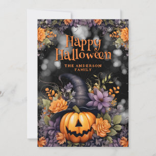 Jack O'Lantern Witch Hat Floral Halloween Card