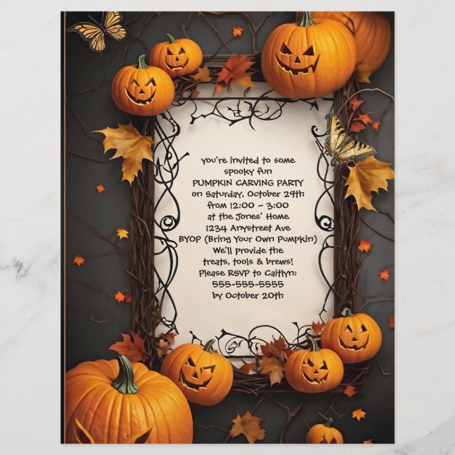 Jack O'Lanterns and Butterflies Halloween Party Custom Letterhead (Front)