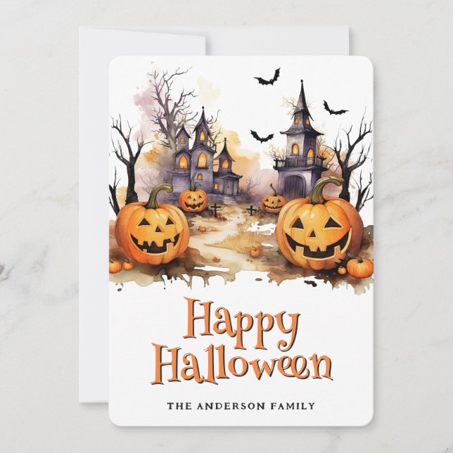 Jack O'Lanterns Bats Graveyard Halloween Card (Front)