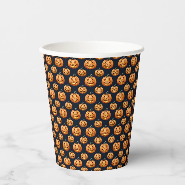 Jack o'Lanterns on Black Halloween Paper Cups (Front)