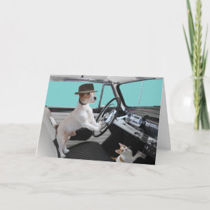 Jack Russell and Cat Driving Classic Car Card