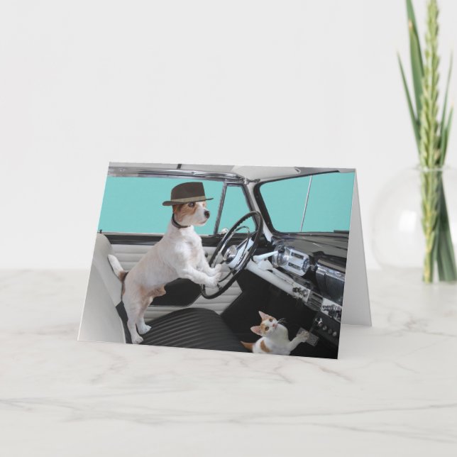 Jack Russell and Cat Driving Classic Car Card (Front)