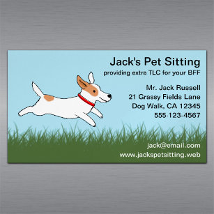 Jack Russell Cartoon Dog Running on Grass Magnetic Business Card