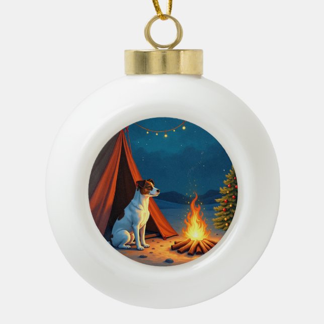 Jack Russell Christmas Camping Night Painting Ceramic Ball Christmas Ornament (Front)