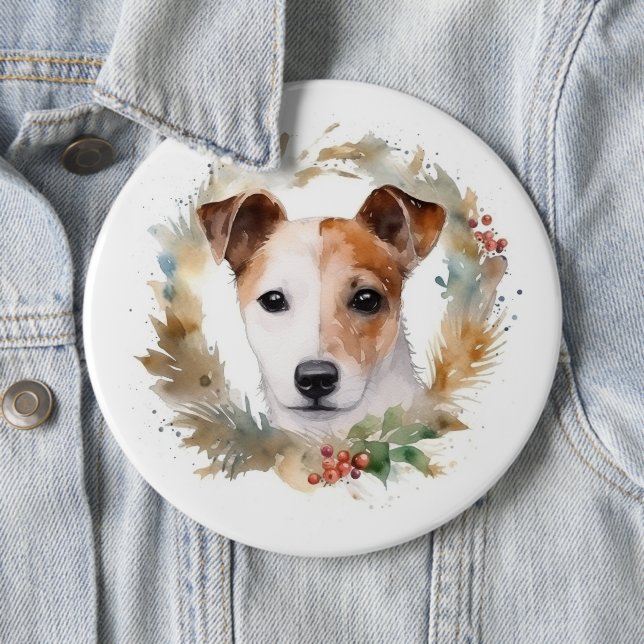 Jack Russell Christmas Wreath Festive Pup  6 Cm Round Badge (In Situ)