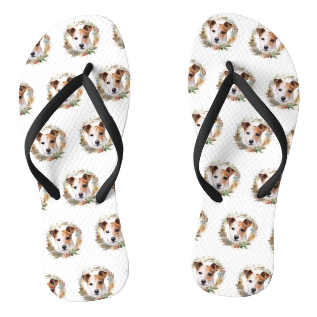 Jack Russell Christmas Wreath Festive Pup  Flip Flops (Footbed)